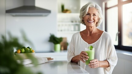 Healthy Senior Woman Smiling While Holding Glass of Green Juice. Generative AI - obrazy, fototapety, plakaty