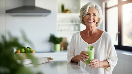 Fotobehang Healthy Senior Woman Smiling While Holding Glass of Green Juice. Generative AI © Nanci