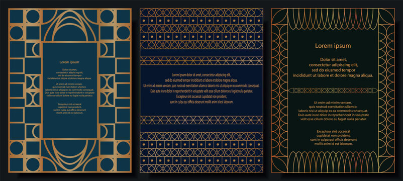 Classic Antique Art Deco Invitation Card, Background, Flyer, Template, Brochure In Elegant Gold Ornament Line. Decor For Gala Card, Grand Opening With Sample Text 