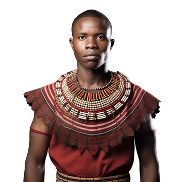 front view mid body shot of a male Zulu from South Africa in a Isishweshwe traditional clothing isolated on a white transparent background