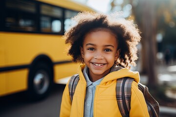 Smiling girl ready to board school bus.