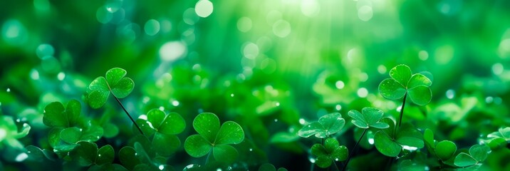 Green abstract St Patricks day horizontal background with sparkling shamrock shapes, Green clover leaves , 17 march holiday concept., wallpaper banner  - obrazy, fototapety, plakaty