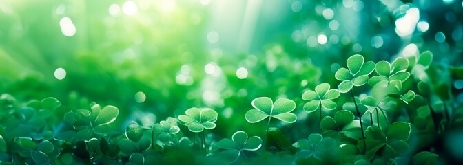 Green abstract St Patricks day horizontal background with sparkling shamrock shapes, Green clover leaves , 17 march holiday concept., wallpaper banner  - obrazy, fototapety, plakaty