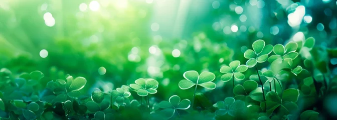 Foto op Canvas Green abstract St Patricks day horizontal background with sparkling shamrock shapes, Green clover leaves , 17 march holiday concept., wallpaper banner  © XC Stock