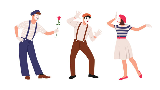 Vector illustration of a group of young people performing pantomime. Cartoon scenes with boys and girls actors mime with different emotions, gestures and poses: a boy gives a girl a rose .