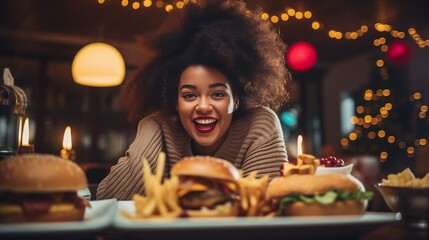 Fototapeta premium Portrait of a beautiful young African woman in a warm sweater. Celebrating Christmas with a hamburger and chips