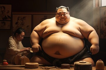 Sumo wrestler practicing. - obrazy, fototapety, plakaty