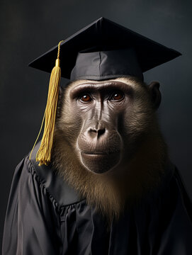 An Anthropomorphic Baboon Dressed Up As A College Graduate Wearing A Cap And Gown