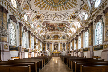 Interior of the Buergersaalkirche, Citizen's Hall Church at Munich, Germany. It was built in 1709 - obrazy, fototapety, plakaty