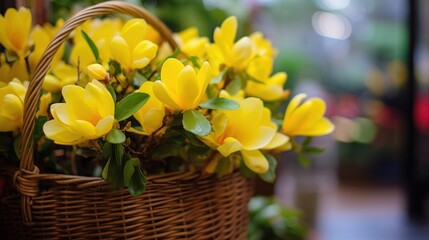 Beautiful yellow flowers in a basket on a background of green leaves. Springtime Concept. Valentine's Day Concept with a Copy Space. Mother's Day.
