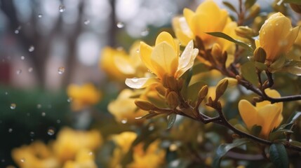 Beautiful yellow magnolia flowers with water drops on blurred background. Springtime Concept....