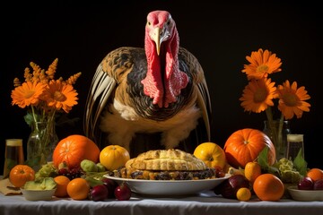 Turkey standing on a Thanksgiving table.