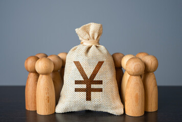 People figures stand around Chinese yuan or japanese yen money bag. Crowdfunding and fundraising....