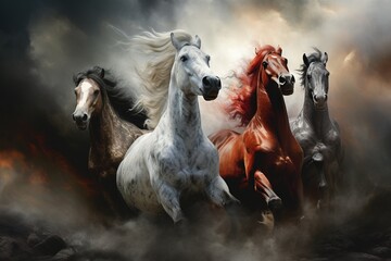 Four horses of the apocalypse - white, red, black and pale. Bible revelation.	