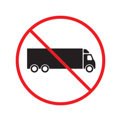 No truck icon. Forbidden lorry icon. No heavy truck vector sign. Prohibited freight vector icon. Warning, caution, attention, restriction label danger flat sign design. No cargo icon. No delivery sign