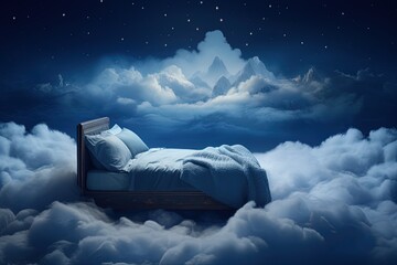 A bed with a blanket and pillows in the clouds at night. - obrazy, fototapety, plakaty