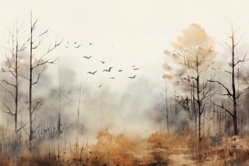 Watercolor painting forest pattern landscape of dry trees with birds.