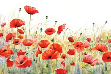 Watercolor field of red poppies.