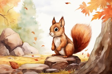 Watercolor illustration of a squirrel sitting at autumn.