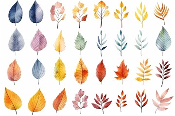 Watercolor colorful autumn leaves on white background.