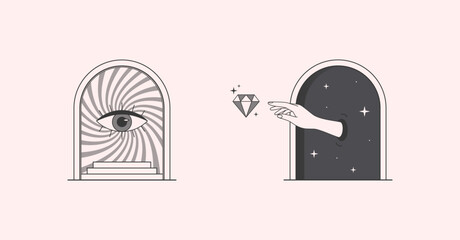 Vector mystic logo design templates with portals,steps,eye,hand reaches for a gem.Surreal abstract illustrations in trendy minimal outline style.Magical emblems.Branding design templates.