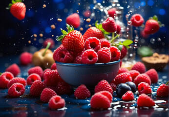 strawberries and raspberries fall and make a splash in the liquid, on a blue background