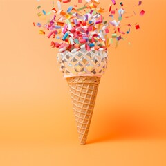 Disco ball in a cream cone, with confetti, baby peachy orange background