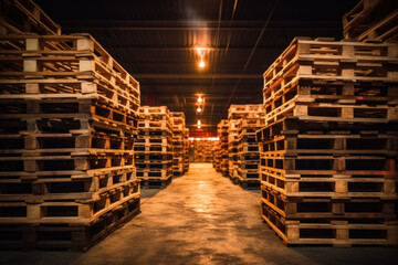Rows of wooden euro pallets for delivery products inside huge production warehouse - obrazy, fototapety, plakaty