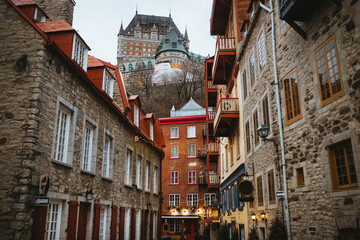 Charming old street with historic architecture in Quebec City in Quebec, Canada