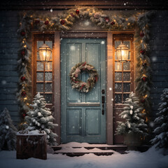 Fototapeta na wymiar Snowy Entrance with Holiday Wreath