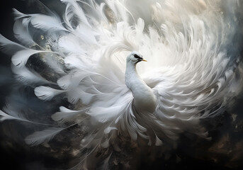 Fototapeta na wymiar Abstract difuse white peacock in monochromatic style with smoke around. AI generative