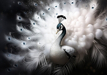 Abstract difuse white peacock in monochromatic style with smoke around. AI generative