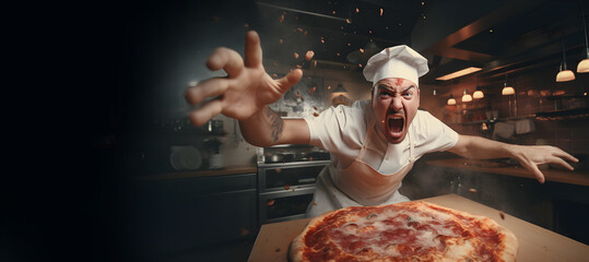 Raging chef over the pizza in the kitchen with flying pieces of ingredients in the air, overreacting cook, copy space - obrazy, fototapety, plakaty