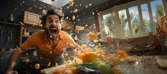 Raging man over the table full of distressed food, fruits and vegetables, inside the kitchen with flying pieces of food in the air, overreacting cook, copy space