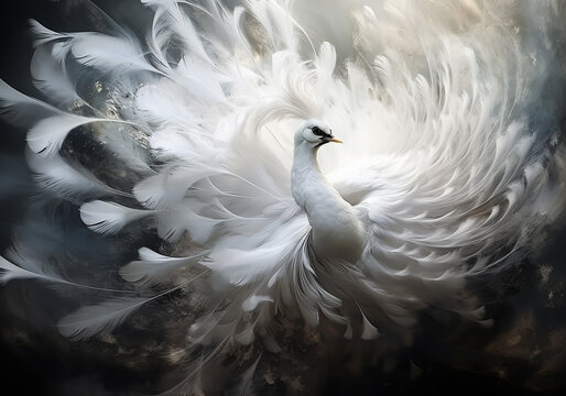 Abstract difuse white peacock in monochromatic style with smoke around. AI generative