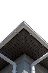 Bottom view of the corner of the house roof with rain gutter isolated - obrazy, fototapety, plakaty