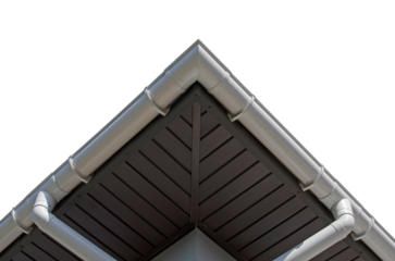 Bottom view of the corner of the house roof with rain gutter isolated