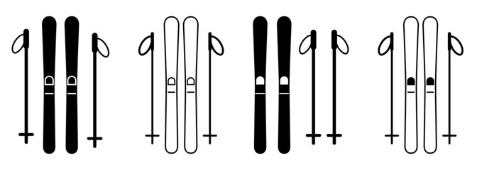 Set of skiing icons. Pair ski with ski poles. Winter mountain sport. Vector illustration - obrazy, fototapety, plakaty