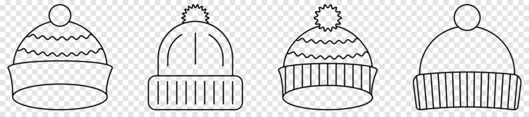 Set of outline winter hat icons. Vector illustration isolated on transparent background