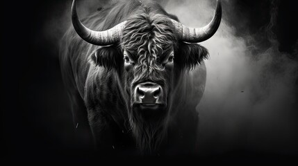 Portrait of a bull with black hair in monochrome style. Illustration for cover, card, postcard, interior design, decor or print. - obrazy, fototapety, plakaty
