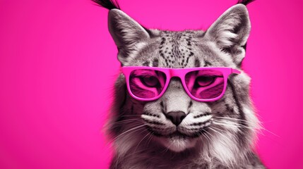 Lynx with glasses. Close-up portrait of a lynx. An anthopomorphic creature. A fictional character for advertising and marketing. Humorous character for graphic design.