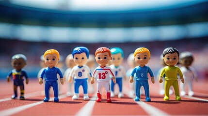 Miniature figures of athletes in sports uniforms running on the track. Group of plastic toys of marathon runners in motion. Human activity. Design for sport. Illustration for cover, card, decor or ad. - obrazy, fototapety, plakaty