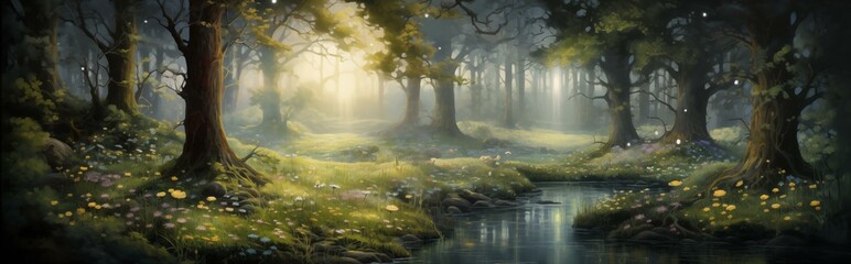 Fantasy forest landscape. Detailed green scene. Chilly landscape with vibrant trees. Mountains....