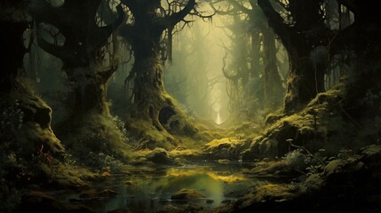 Fantasy forest landscape. Detailed green scene. Chilly landscape with vibrant trees. Mountains....
