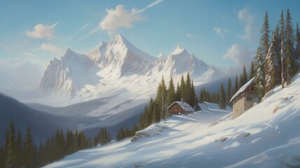 Winter landscape. Ski resort advertisement. Snowy mountains scene. Chilly landscape for holiday and...