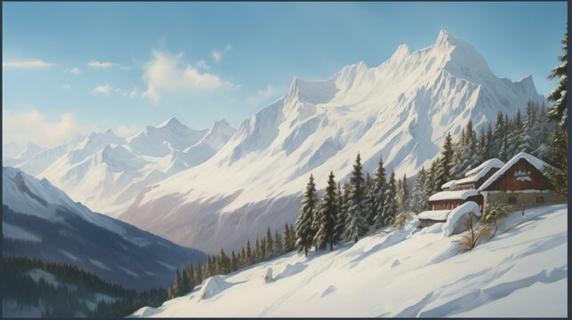 Winter landscape. Ski resort advertisement. Snowy mountains scene. Chilly landscape for holiday and nature-themed illustrations. Realistic style. Simple cartoon design. Template for banner, cover.