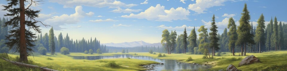 Summer landscape. Detailed forest scene. A serene, chilly landscape with vibrant trees, perfect for...