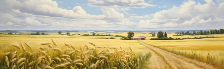 Schilderijen op glas Wheat field summer landscape. Detailed farm field scene. A serene, chilly landscape. Template for banner, cover. Realistic photo style. Simple cartoon design. oil painting. © Olena