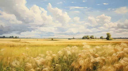 Schilderijen op glas Wheat field summer landscape. Detailed farm field scene. A serene, chilly landscape. Template for banner, cover. Realistic photo style. Simple cartoon design. oil painting. © Olena