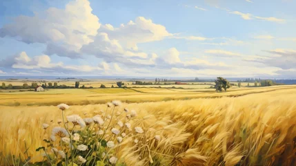 Poster Wheat field summer landscape. Detailed farm field scene. A serene, chilly landscape. Template for banner, cover. Realistic photo style. Simple cartoon design. oil painting. © Olena